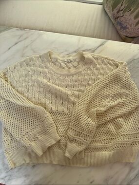 Light Cream Open-Knit Crewneck Sweater by Unknown Brand
